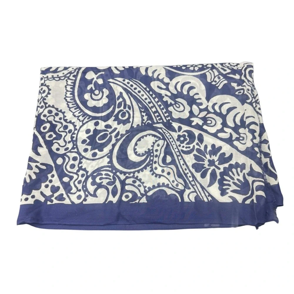 Talbots Navy Blue White Paisley Modal Eyelash Fringe Scarf 70